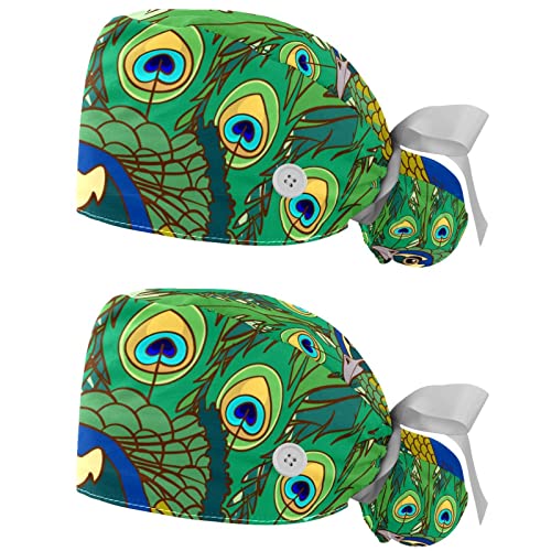 Chapeau de travail respirant JDEZ en lot de 2 casquettes bouffantes motif plume de paon