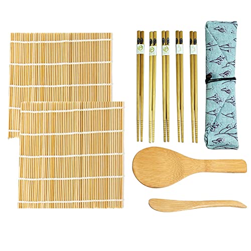 Kit para Hacer Sushi de 10 Piezas - 2 Esterillas de Bambú, 5 Pares de Palillos, Pala de Arroz, Separador y Bolsa de Almacenamiento