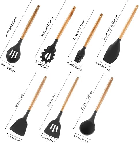 Miniatura 2 de Juego de utensilios de cocina de silicona, 7 piezas de herramientas de cocina para espátula, antiadherente y resistente al calor, color negro