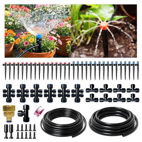 Drip Irrigation System 2026-Upgrade 33FT+197FT 1/4 Garden Watering Kit with Adjustable Red & Blue Emitters 3/4 Brass Connector DIY Kit for Garden Greenhouse Potted Plants & Raised Beds
