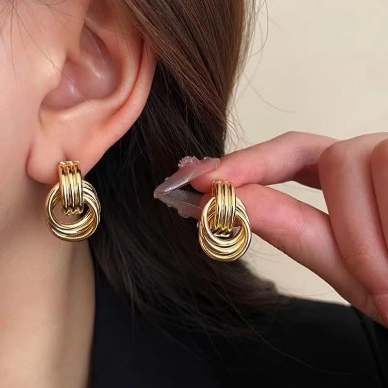 3 Pairs Chunky Gold Plated Knot Earrings Geometric Drop Dangle Earrings Long Twisted Link Earrings Statement Earring Trendy Jewelry for Women - Image 2
