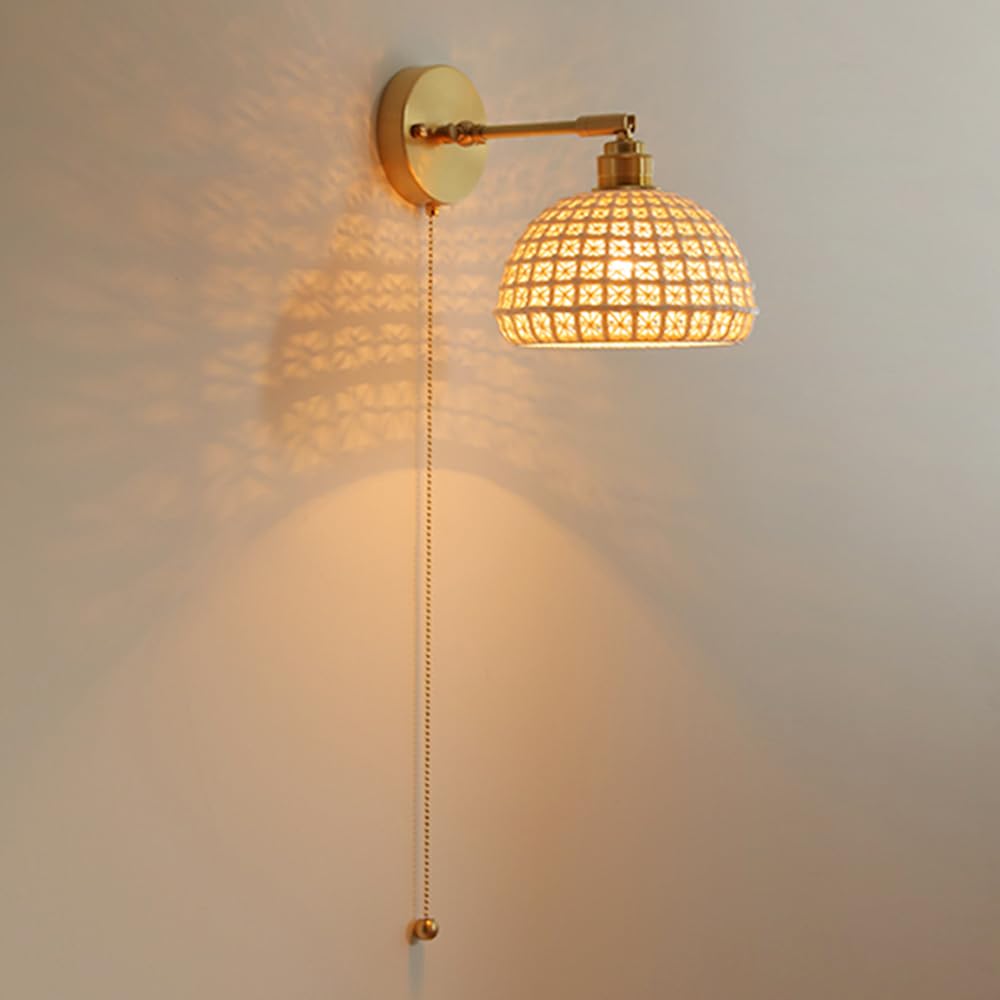 HPTHLY Japanese-Style Ceramic Wall Sconce Nordic Brass Bedside Lamp With Pull Cswitch, Adjustable Angle White Ceramics Cage Light Fixture For Bedroom Kids R