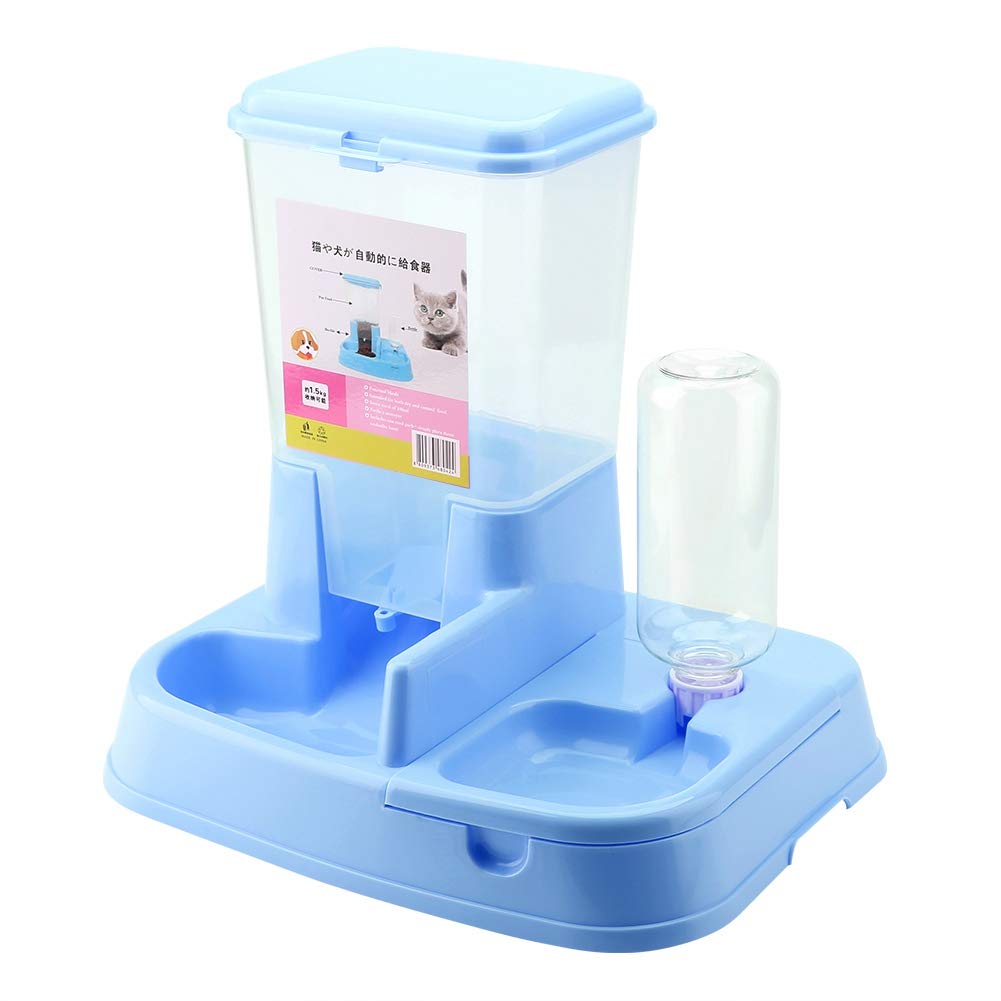 Alimentatore Automatico per Cani e Gatti Distributore di Cibo e Acqua 2 in 1 Materiale Ecologico Grande capacità 500 Ml 34 * 27 * 35 Cm (Blu)