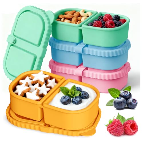 YQL 4 Pack Silicone Snack Containers with Leakproof Lids, Double-Compartment Bento Boxes for Kids & Adults, Reusable Food Storage for Snacks, Sauces, Lunch, Travel, and Meal Prep