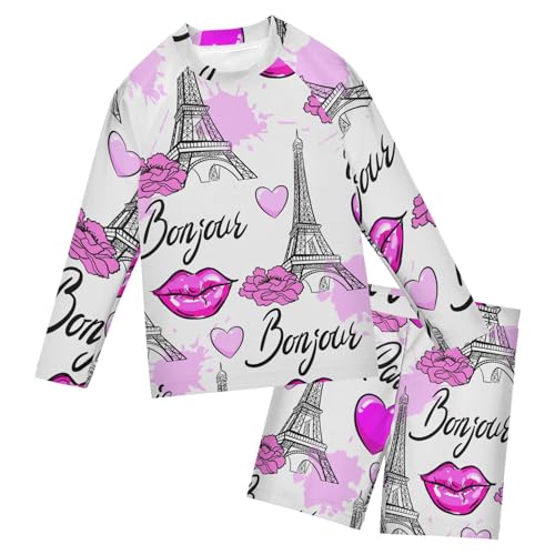 Aflyko Kids' Bathing Suit Set Paris Eiffel Tower Pinks Heart Flower Long Sleeve Swim Tops with Shorts Summer Vacation Pool Party Rashguard Fun Cute Infant Beachwear, 4T