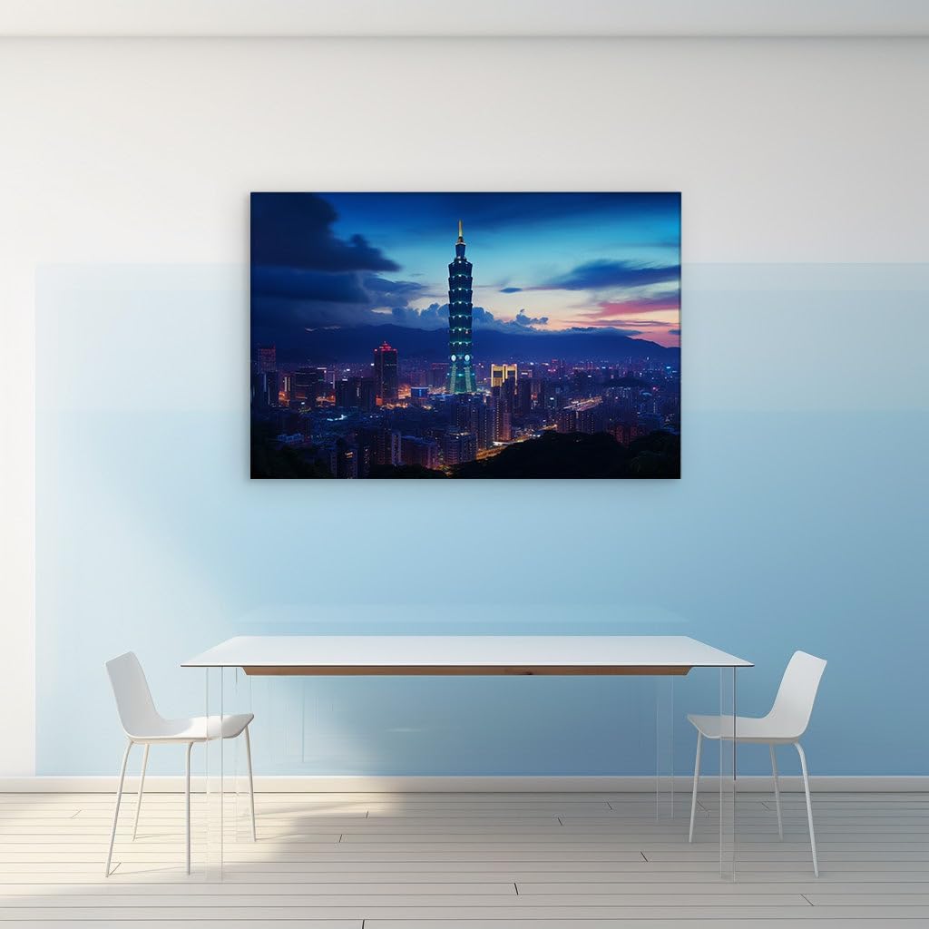 Canvas for Living room. Illuminating the Heavens: Taipei 101 Against a Dreamy Twilight Sky, 27 x 18 inch Canvas Wall Art - Nature'S Tranquility - Spiritual Home Decor