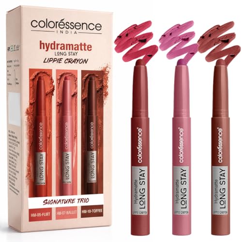 Image of Coloressence Hydra Matte Lip Crayon Lipstick, Signature Trio, Combo Set of 3 Shades | Long Lasting | Matte Finish | Hydrating Formula | Smudgeproof | Sweatproof | Rich Coverage
