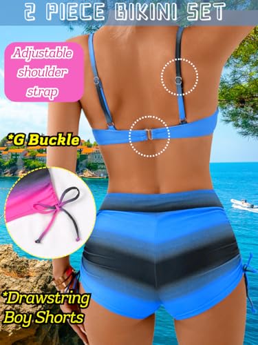 Women High Waisted Molded Cup Bikini Sets, Underwire Push Up Striped Swimsuits, Bathing Suit with Boy Shorts 2 Piece3