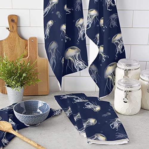 Chees D Zone Kitchen Towels Cotton Dish Towel,Ocean Jellyfish Sea Monster On Navy Blue Soft Dishcloth Absorbent Tea Towel,Marine Life Seamless Reusable Washable Hand Towels 2 Pack #TOP2