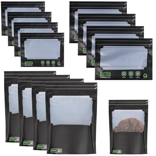 12 stuks herbruikbare grove bags 30 g/85 g/100 g, Dry Ferm Bag met geurcontrole en uv-bescherming, zak met vochtcontrole (58-62%), voedselzak voor thee en kruiden