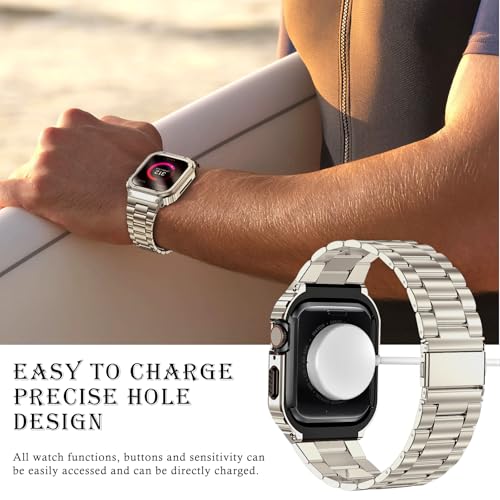 Image of MioHHR Stainless Steel Band and Case Compatible with Apple Watch Bands 46mm | Men Metal Protective Bumper Cover with Straps for iWatch 46mm Series 11 /10, Titanium Color