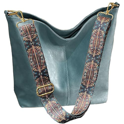 HAIWILL Bolso bandolera grande para mujer, con correa ancha, de piel, bolso de la compra, bolso de hombro retro, para el día a día, oficina, excursión escolar y compras, Mediano Azul, Mittelgroß