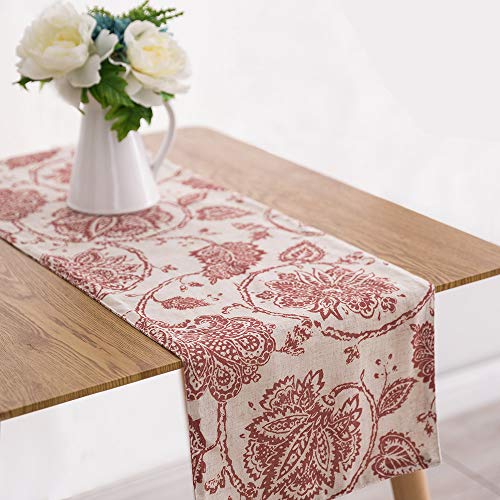Jinchan Linen Table Runner Farmhouse Scroll Pattern Table Runner Decorative Burlap Table Runners 72 Inches Long Floral Coffee Table Runner For Dresser Dining Room 1 Panel 13X72 Inch Terra On Beige #TOP16