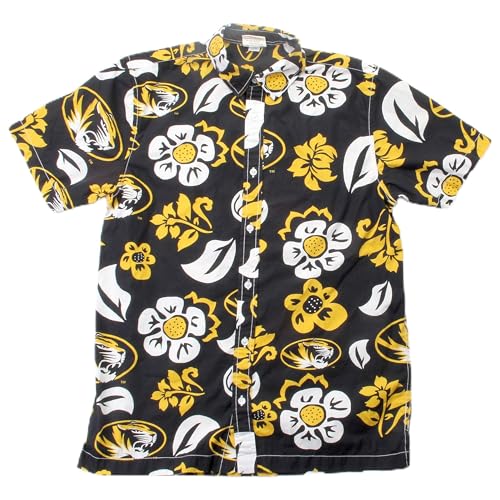 Wes and Willy NCAA Mens Hawaiian Floral Button Down Shirt, Missouri Tigers, Black, XL