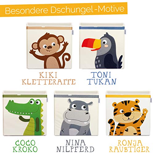 GLÜCKSWOLKE Kinder Aufbewahrungsbox - 15 Motive I Spielzeugkiste mit Deckel für Kinderzimmer I Spielzeug Boxen Tiger (33x33x33) Aufbewahrung im Kallax Regal I Dschungel Safari Kiste (Ronja Raubtiger)