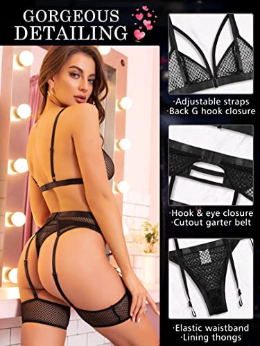 popiv Women's Fishnet Lingerie Sexy Set Lace Bra and Panty Sets with Garter Belt 4 Piece Black - Image 3