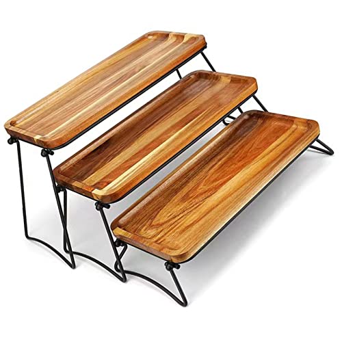 Plateau de service à 3 niveaux pour cupcakes, plateaux, présentoirs de nourriture et planche à charcuterie pour fête, pique-nique, buffet (couleur grain de bois)