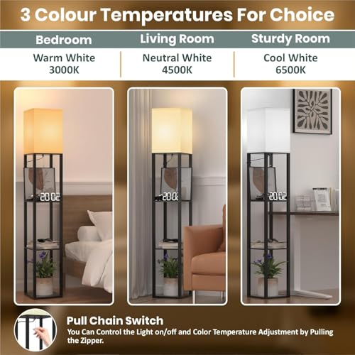 Image of 4 Tier Metal Floor Lamp with Wooden Shelves /Standing lamp with 3 Adjustable Color Mode /Corner Bright Lamp for Decoration /Energy Efficient Night Lamp for Bedroom /Living Room /Home Decor (Black)