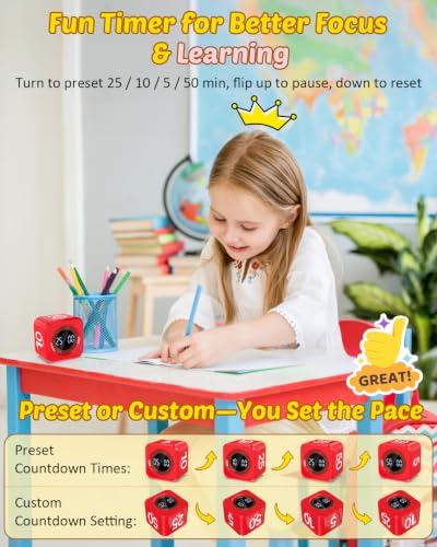 Image of Digital Pomodoro Timer Cube 5 /10 /25 /50min Preset, Silent & Sound Alarm | Visual Productivity Flip Timer for Kids Classroom Desk, Custom Countdown, Gravity Sensor, for ADHD Study Work Game Kitchen