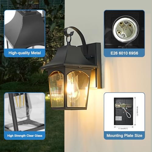 Outdoor Wall Sconce Lantern for Hallway Porch Garage Doorway Garden, Black Vintage Outside Lighting Wall Mount Lanterns, Exterior Wall Light Fixture with Clear Waterproof Glass Shade