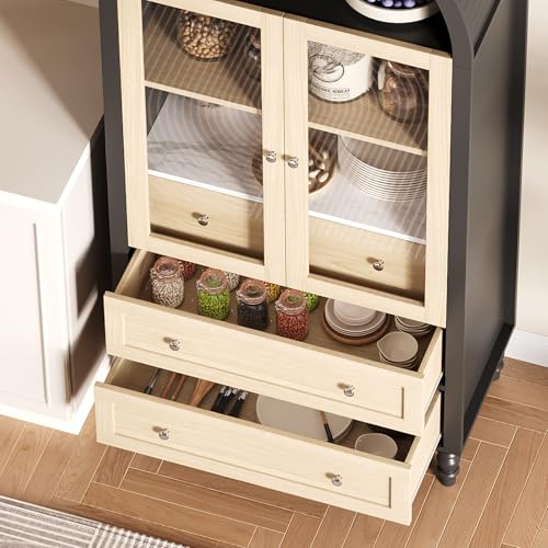 Image of Garvee 71 inch Arched Cabinet with Glass Doors, Modern Tall Kitchen Pantry Storage with Adjustable Shelves, Wood Display Bookcase for Living Room, Dining Room