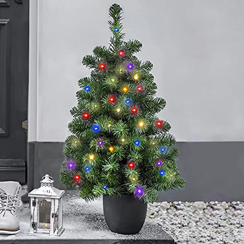 ONLY MULTI COLOUR LIGHTS 3ft Christmas Tree - Pre-Lit Artificial Mini Xmas Tree with Pot - Indoor/Outdoor MULTI COLOUR Lights ONLY - Battery Operated Doorway LED Christmas Tree (90cm / 60 LEDs)…
