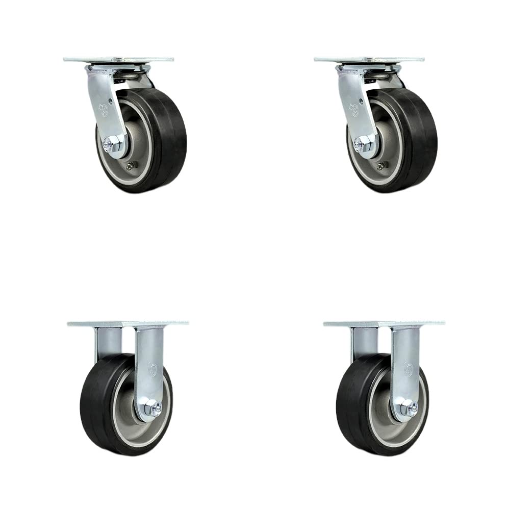 Rubber on Aluminum Swivel Top Plate Casters Set of 4 Heavy Duty with 5 Inch Wheels - Includes 2 Swivel and 2 Rigid – 2,000 lbs. Total Capacity - Service Caster Brand