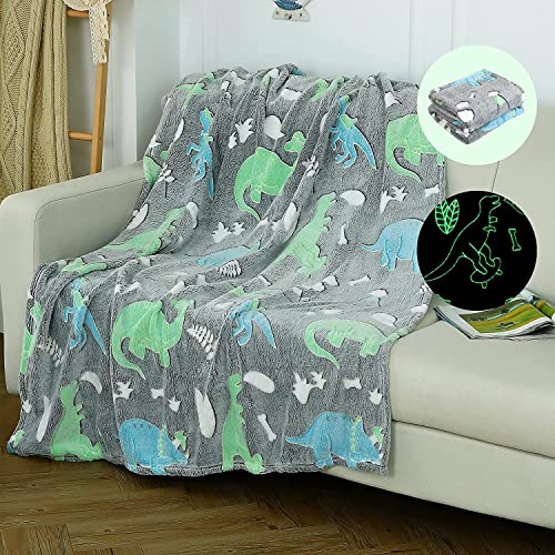 Image of Glow in The Dark Blanket Gifts for Toddler Kids Teen Girls| 80 x 70 inch / 200cm x 180cm |Bedroom Decor, Lightweight Throw Blankets|Soft Cozy Fluffy Luminous Throw Blanket - Grey Dino