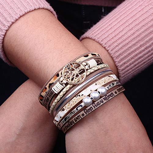 FANCY SHINY Tree of Life Leather Wrap Bracelet Inspirational Cuff Bangles Boho Pearl Bracelets with Magnetic Clasp Unique Jewelry Gifts for Women2