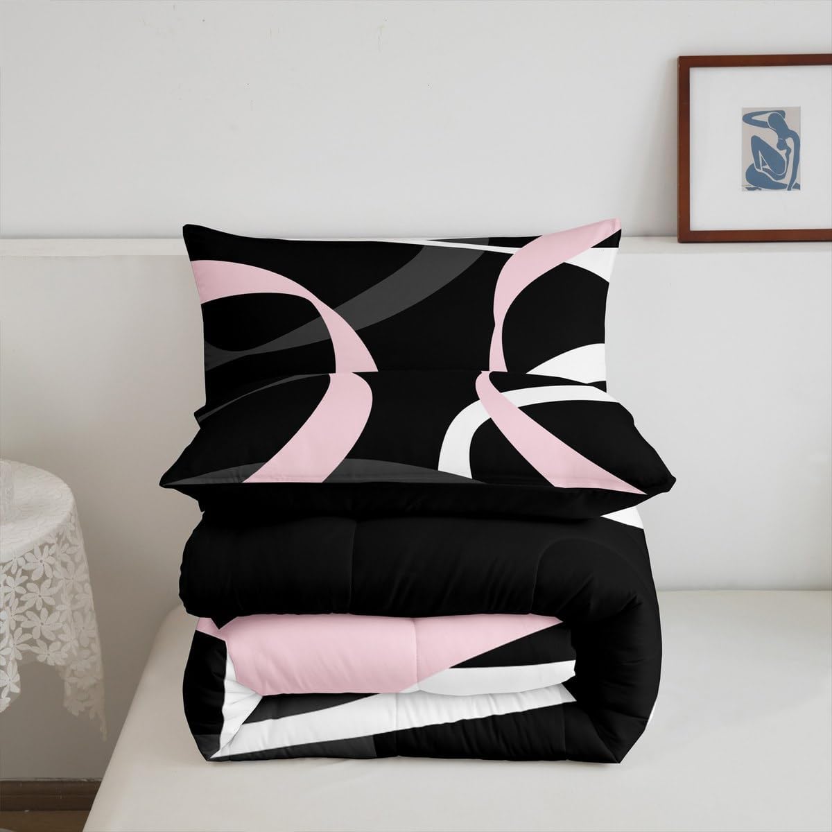 Castle Fairy Abstract Striped Comforter Set Queen Size,Geometric Striped Bedding Set 3Pcs Light Pink Grey Black Lines Quilt Set for Kids Girls Woman Room Decor,Modern Chic Duvet Insert,2 Pillowcases