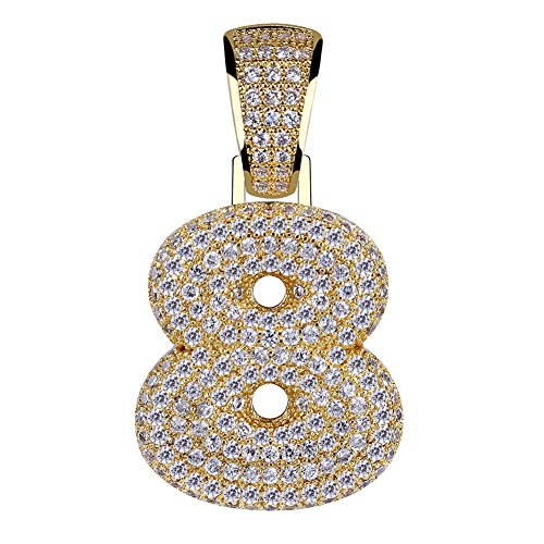 HECHUANG Gold Plated Micropave Iced Out Bling 0, 1, 2, 3, 4, 5, 6, 7, 8, 9 Number Pendant Rope Chain Necklace (8 Gold, 24) …