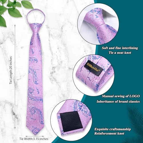 Image of DiBanGu Mens Zipper Tie Silk Pre-Tied Necktie with Gift Box | Jacquard Woven,Paisley Solid Plaid Pattern,6PCS with Pocket Square,Cufflinks and Lapel Pin,for Wedding Party Formal Business