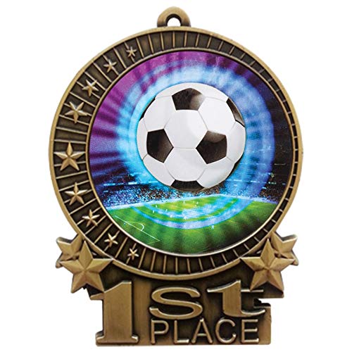 Express Medals Large 3 inch Die-Cast Solid Medal 1st Place Soccer Award Medallion with an Antique Gold Finish and Red White & Blue Neck Ribbon.