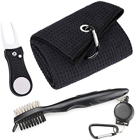 Mile High Life Microfiber Waffle Pattern Golf Towel | Club Groove Cleaner Brush | Foldable Divot Tool with Magnetic Ball Marker (Black Towel/Brush/Bone Divot)