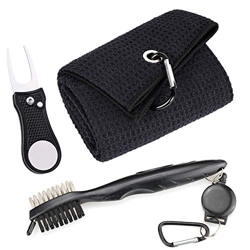Mile High Life Microfiber Waffle Pattern Golf Towel | Club Groove Cleaner Brush | Foldable Divot Tool With Magnetic Ball Marker (Black Towel/Brush/Bone Divot) #TOP17