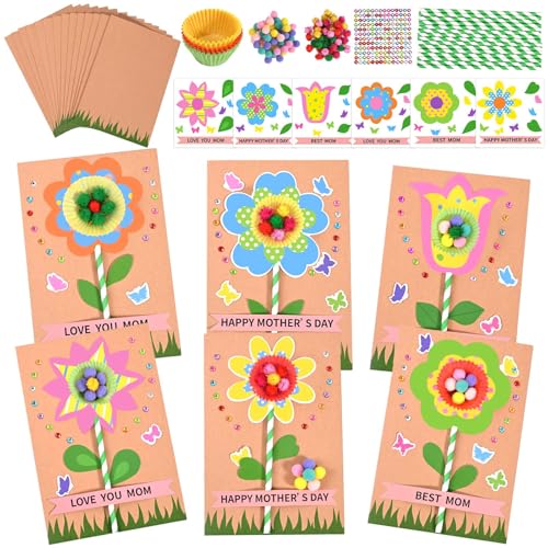 Sanixin 24 Sets Mother's Day Flower Card Craft Kit for Kids Spring DIY Flower Greeting Card Set Happy Mother's Day Card Making Kit for Mom Gifts Classroom School Home Activities