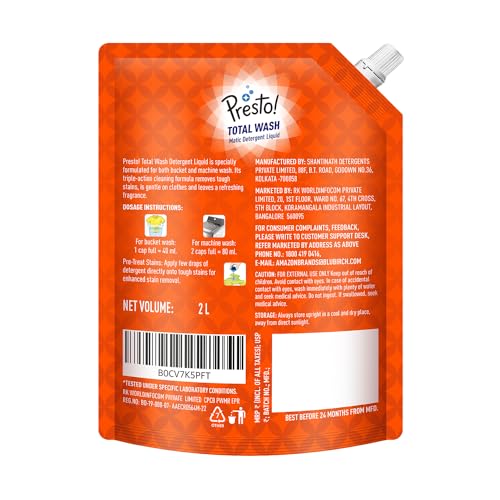 Image of Amazon Brand - Presto! Total Wash Matic Detergent Liquid | 2 Litre | 2L x 2 Packs | Removes Tough Stains | Gentle On Clothes | Refreshing Fragrance | Liquid Detergent For Washing Machine & Hand Wash