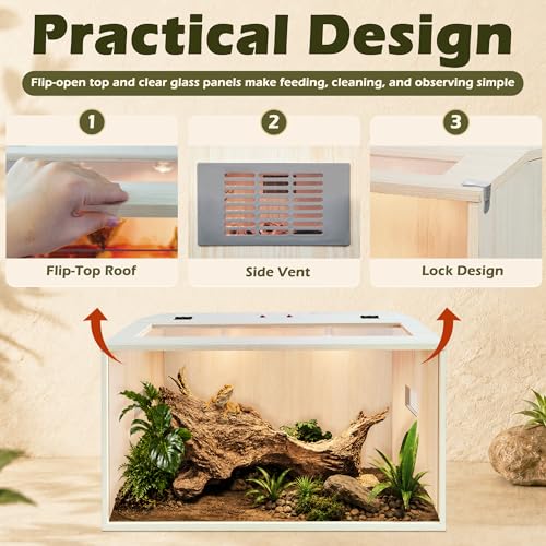 Image of PROLEE Bearded Dragon Tank,Wooden Reptile Tank and Lizard Tank,Tempered Glass Large Bearded Dragon Enclosure with Built-in Lamp Fixture (24X16X16inch,24 Gallons)