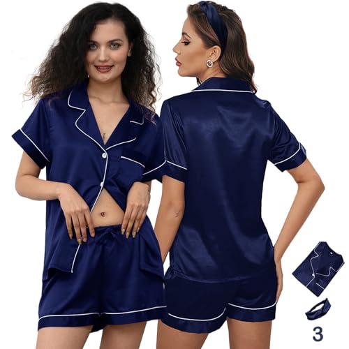 Image of 3Pcs Silk Pajamas XS-4XL Womens Satin Pajama Short Floral Sleepwear Bride Soft Pj Lounge Sets Pjs Shorts Set