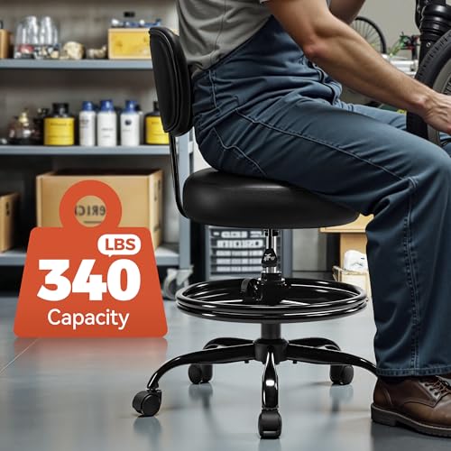 Image of BestGlory Shop Stool with Wheels for Garage, Mechanics Rolling Chair with Backrest, Adjustable Height Heavy Duty Garage Stool with Footrest and Storage Tray, Swivel Task Chair for Workshop Salon