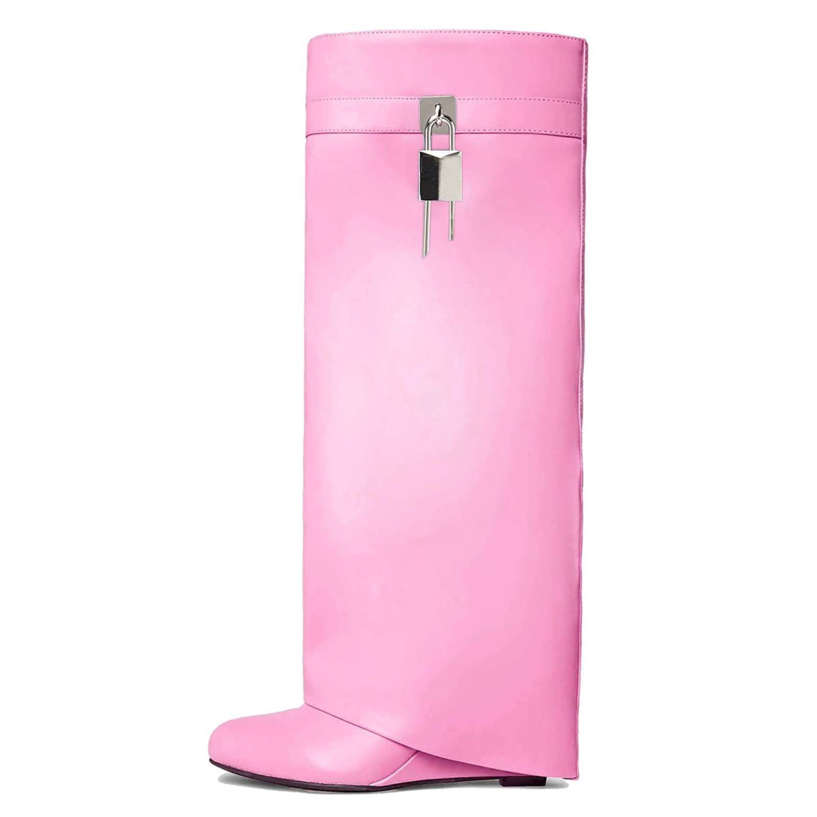 Yishaweiqi Fold Over Boots Wide-calf Wedge Heel Knee High Boot With Decorative Lock