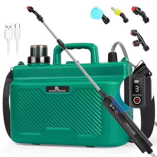 BesWin Battery Powered Sprayer 8L Rechargeable Electric Garden Sprayer with 3 Speeds Displayed Battery Indicator 4 Mist Nozzles Retractable Wand Adjustable Shoulder Strap for Lawn Garden and Patio