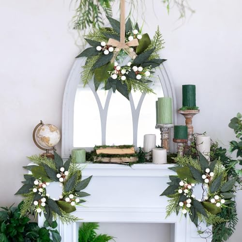 Image of 6 PCS 3 Inch Spring Summer Candle Rings Wreaths Mini Green Candle Rings Wreath Artificial Wreath with Eucalyptus Leaves and White Berries for Wedding Party Table Farmhouse Home Decorations