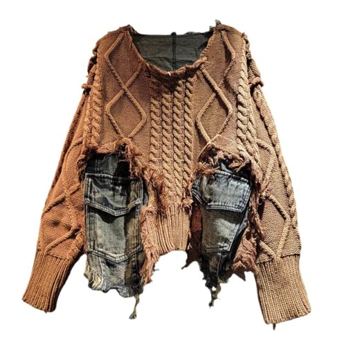 BSXDIKJU Women's Patchwork Denim Knit Pullover Sweaters Oversized Loose Ripped
