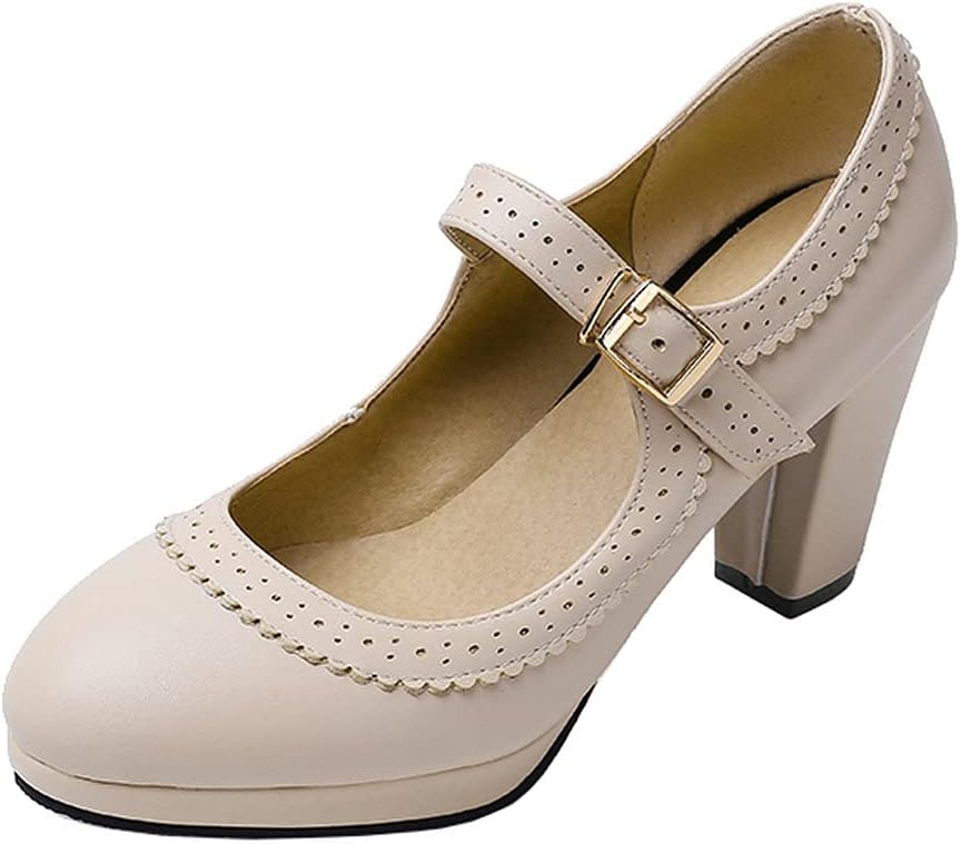 KOKOMOMO Womens Rockabilly Shoes Vintage Mary Jane Platform Heels Block Heel Ankle Strap Pumps