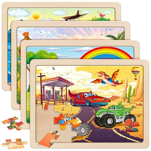 SYNARRY Large Wooden Monster Truck Puzzles for Kids Gift Box(12.2*9.4 in), 24 Piece Puzzles for Toddlers 3-5, Wood Jigsaw Puzzles for Kids Ages 4-6, Easter Basket Stuffers Gifts for Kids