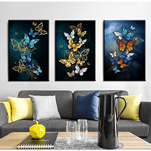 Peinture papillon bleu doré luxe abstrait art mural 50x70cm