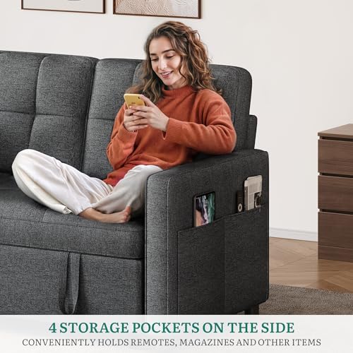 YITAHOME Schlafsofa mit Schlaffunktion, 182x136 cm Sofa, 5-stufig Verstellbarer Rückenlehne, 3-in-1 Schlafcouch mit 2 Kissen & Seitentasche, 2-Sitzer Sofa Bed für Gästezimmer, Grau