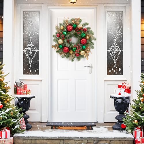 GarveeHome 16 Inch Prelit Christmas Wreath for Front Door, Artificial Xmas Wreath with Red Green Gold Ball Ornaments 30 Led Lights Battery Operated for Indoor Outside Fireplace Window Decor