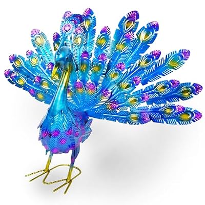 MACLARONX Metal Peacock Garden Yard Art Outdoor Statue Standing Sculpture for Backyard Lawn Patio Home Decorations, 17'' W Multi-Color, Blue-peacock